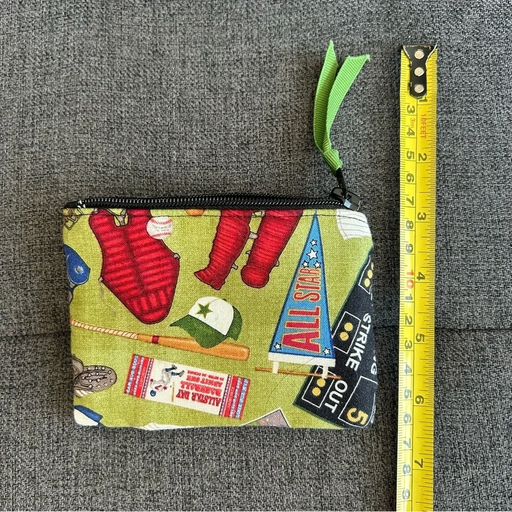 Baseball Themed Small Wallet / Coin / Travel Zipper Pouch, Green, Black